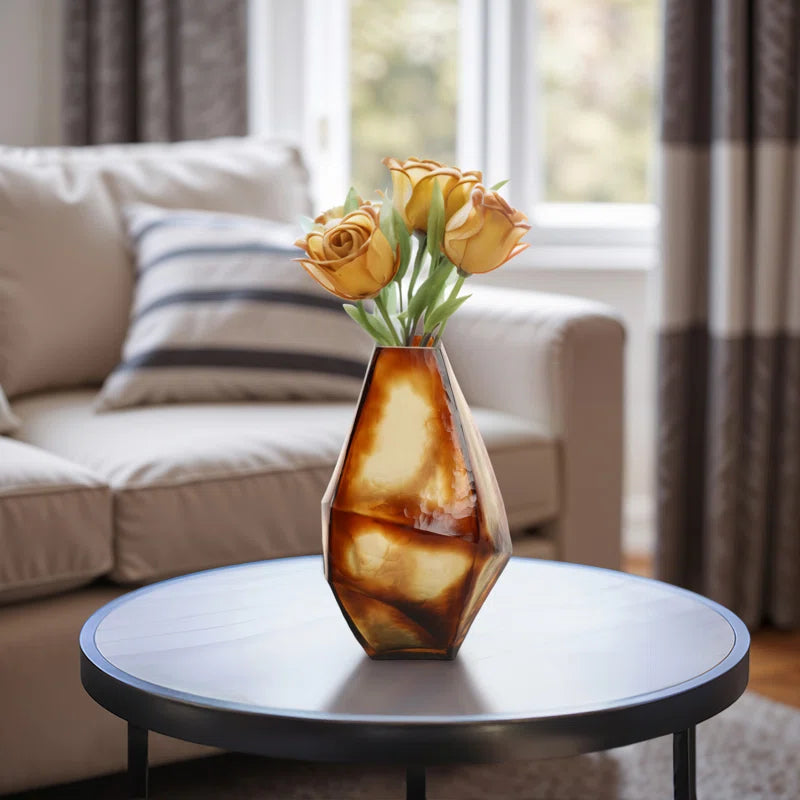 Decorative Geometric Glass Vase for Home Decor – Sculptural Flower Vase Perfect for Table Decor, Office Accent, or Living Room Styling – 12", Brown