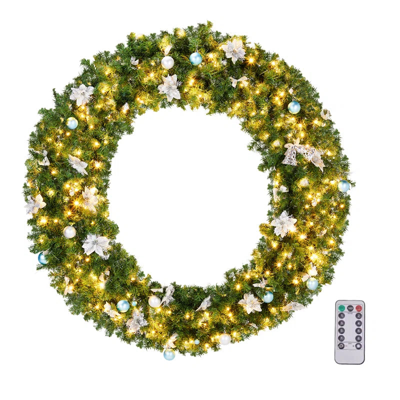 48'' Pre-Lit Christmas PVC Wreath With With Bells & Blue Silver Ornaments, 48" W x 48" H x 7" D  48'' Pre-Lit Christmas PVC Wreath With With Bells & Blue Silver Ornaments