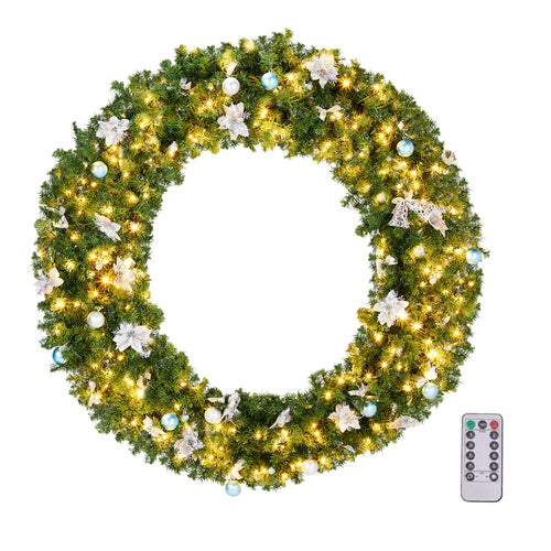 48'' Pre-Lit Christmas PVC Wreath With With Bells & Blue Silver Ornaments, 48" W x 48" H x 7" D  48'' Pre-Lit Christmas PVC Wreath With With Bells & Blue Silver Ornaments
