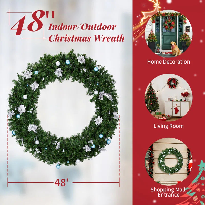 48'' Pre-Lit Christmas PVC Wreath With With Bells & Blue Silver Ornaments, 48" W x 48" H x 7" D  48'' Pre-Lit Christmas PVC Wreath With With Bells & Blue Silver Ornaments