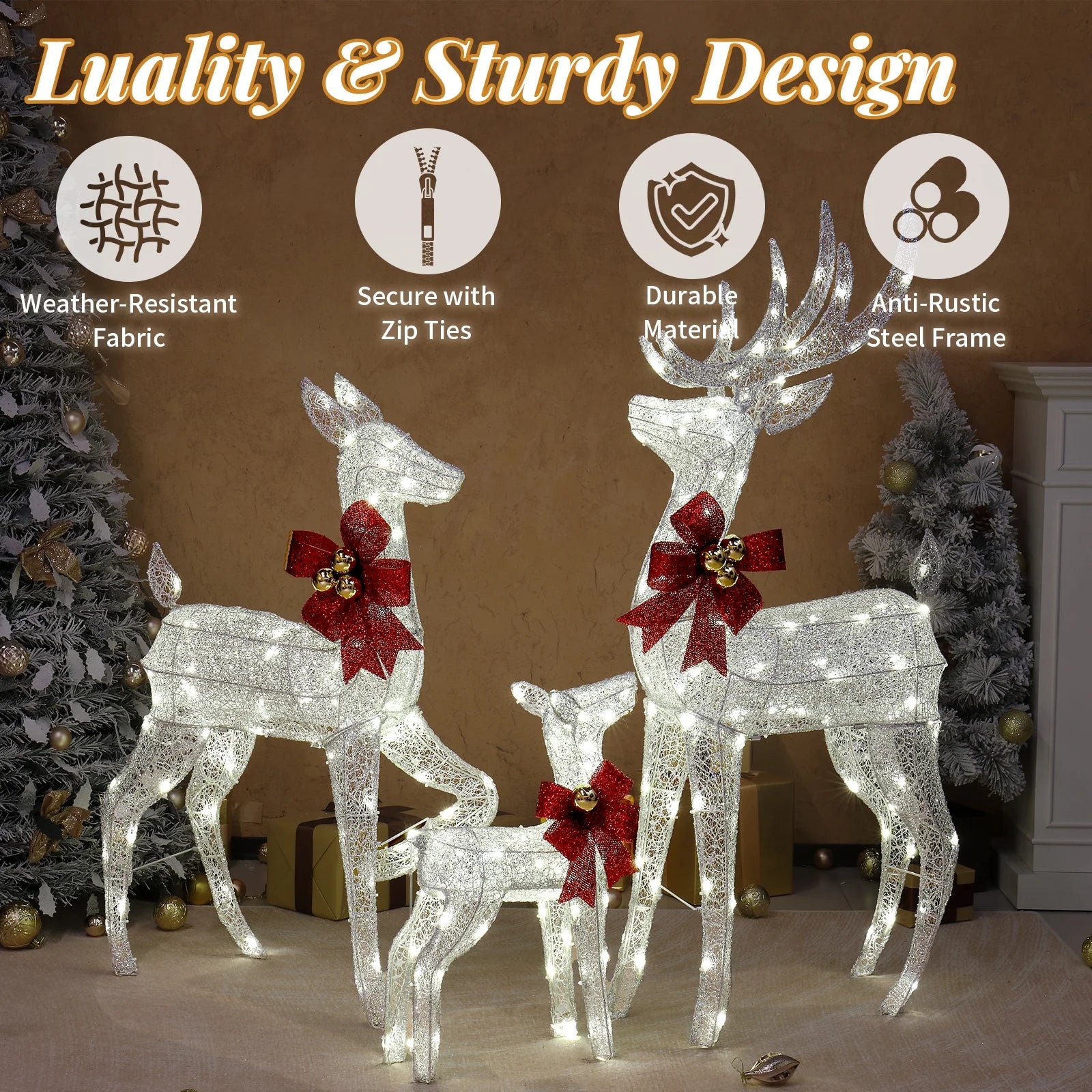 SalonMore Outdoor Christmas Decorations, 3-Piece Lighted Christmas Deer Set 210LED Waterproof Decor for Indoor Outdoor Garden Yard Lawn Holiday Party