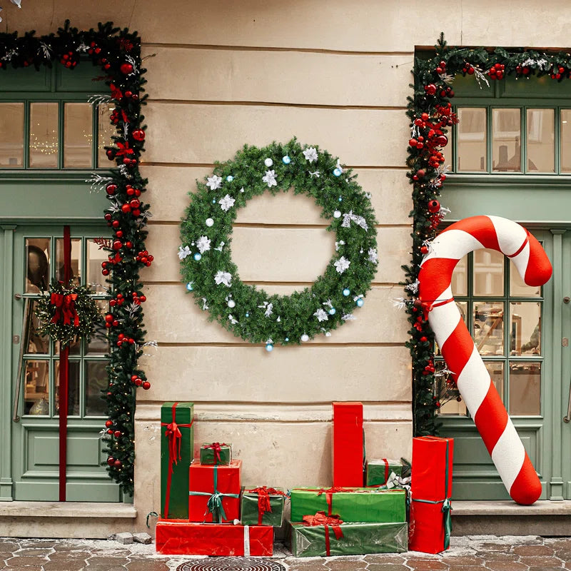 48'' Pre-Lit Christmas PVC Wreath With With Bells & Blue Silver Ornaments, 48" W x 48" H x 7" D  48'' Pre-Lit Christmas PVC Wreath With With Bells & Blue Silver Ornaments