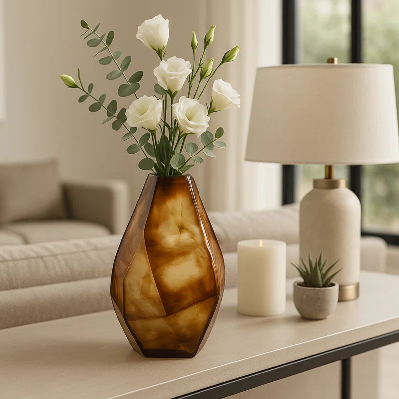 Decorative Geometric Glass Vase for Home Decor – Sculptural Flower Vase Perfect for Table Decor, Office Accent, or Living Room Styling – 12", Brown